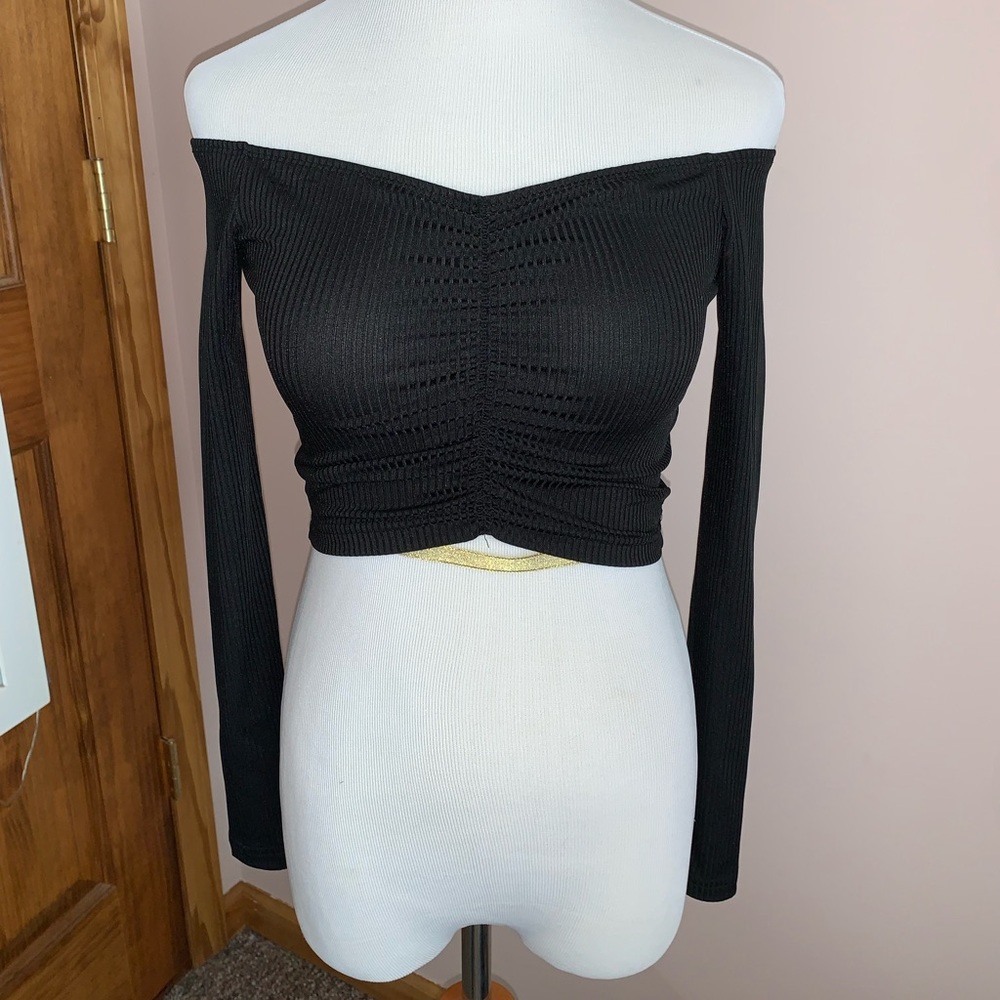 Black long sleeve off the shoulder crop top